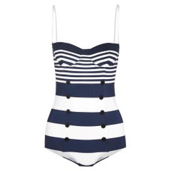 Dolce & Gabbana Navy Blue/White Striped Jersey Swimsuit S