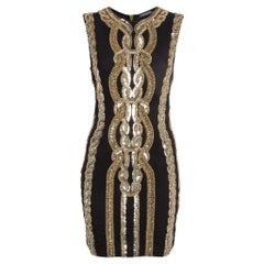 Balmain Black/ Gold Sequin and Crystal Embellished Mesh Mini Dress M