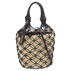 Miu Miu Black/Tan Leather Mesh and Straw Bucket Bag