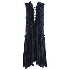 Chloe Navy Cotton Lace Up Boho Broderie Anglaise Dress