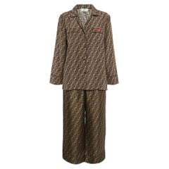 Fendi Brown Zucca Print Silk Shirt and Pajama Set M