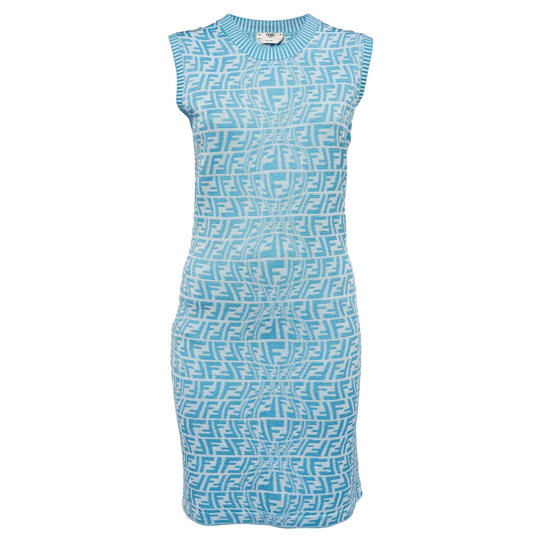 Fendi X Sarah Coleman Blue FF Vertigo Jacquard Knit Dress M. in vendita