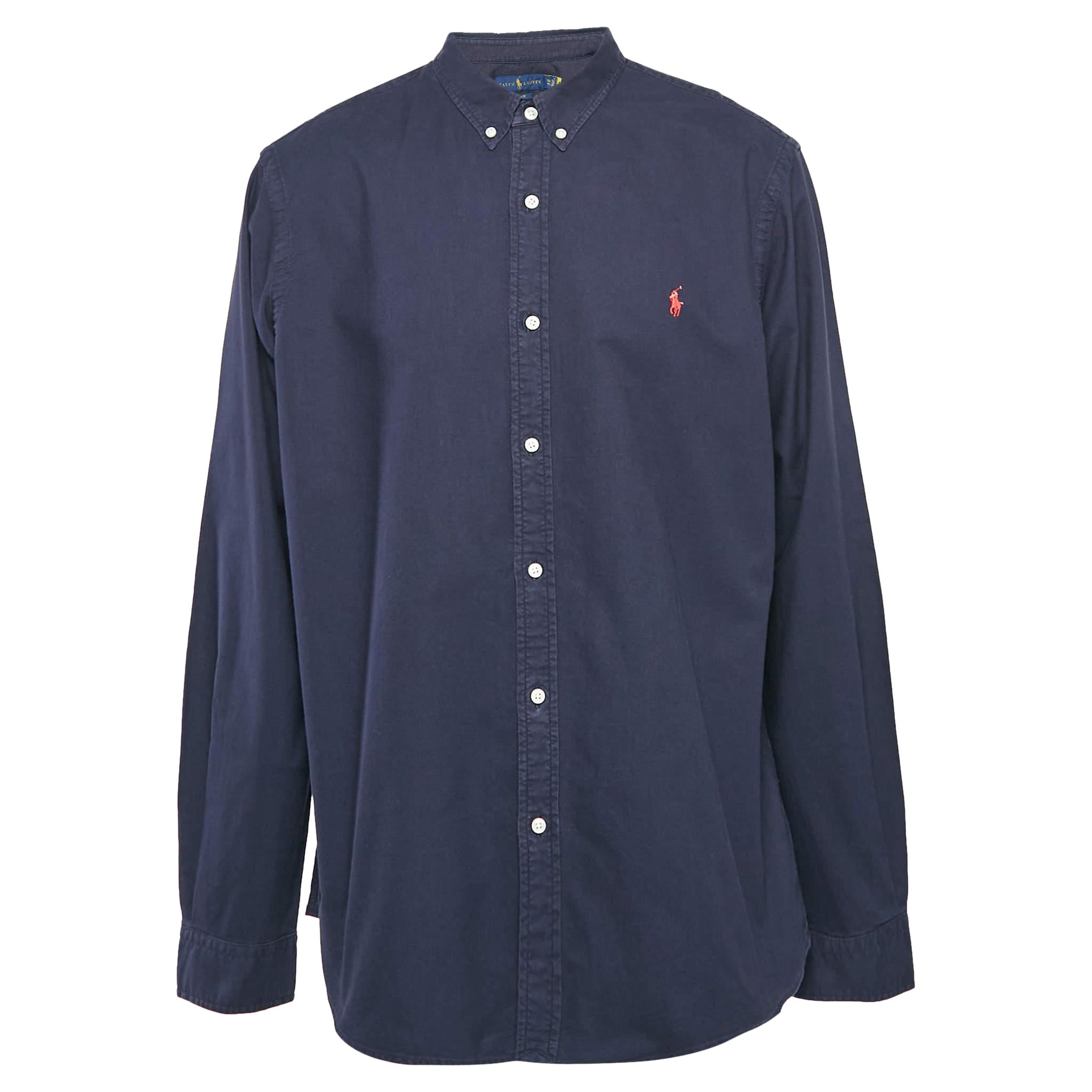 Ralph Lauren Navy Blue Logo Embroidered Button Down Shirt XXL For Sale