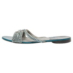Gina Blue Leather Crystal Embellished Flat Sandals Size 40.5