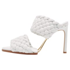 Bottega Veneta White Leather Intrecciato Slide Sandals Size 38.5