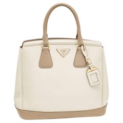 Prada White/Khaki Saffiano Leather Parabole Tote