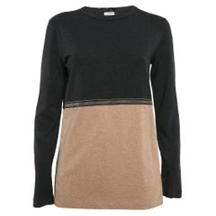 Brunello Cucinelli Grau/Beige Monili Detail Langärmeliges T-Shirt aus Baumwolle XL