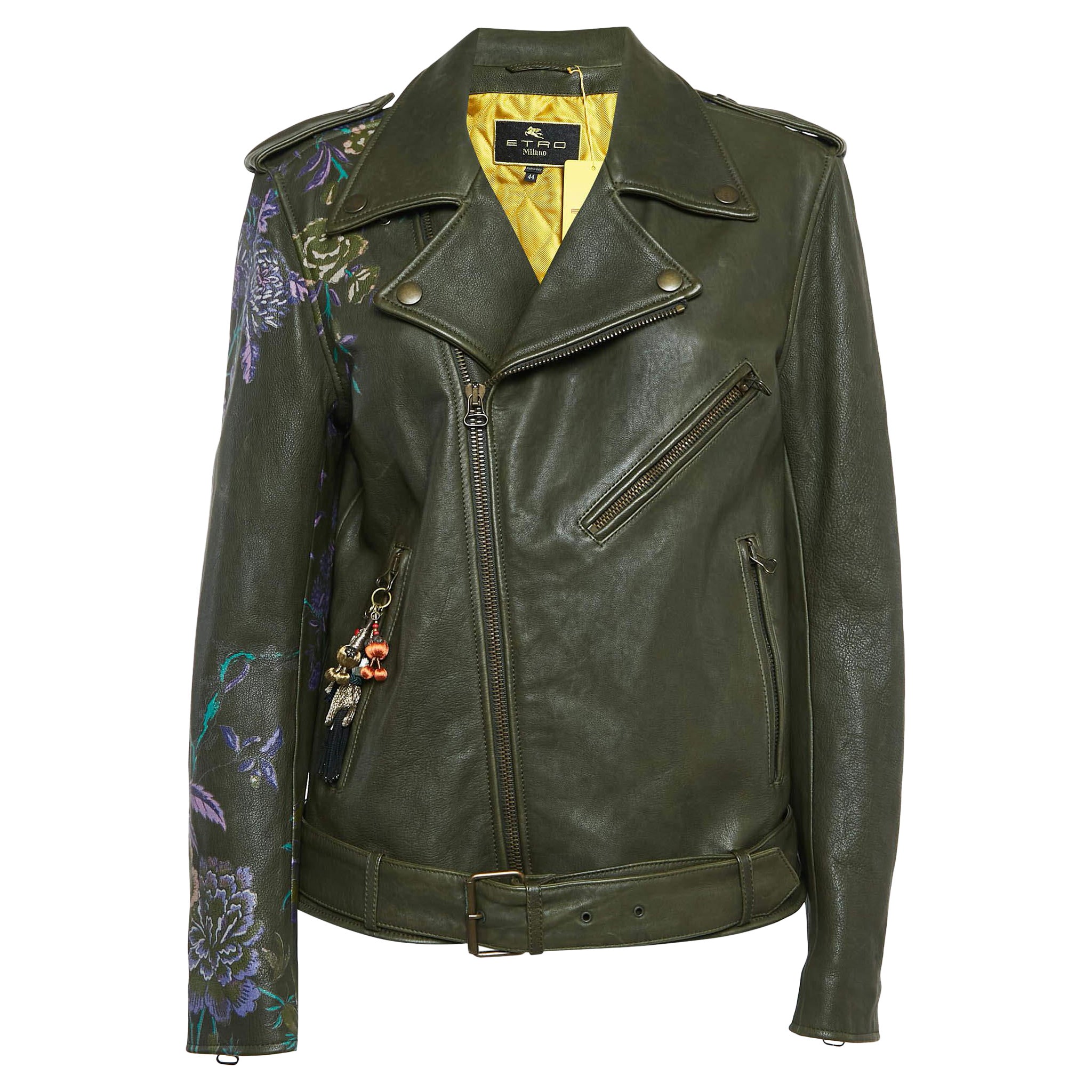 Etro Jacke mit grünem Blumendruck und Lederapplikationen-Detail M