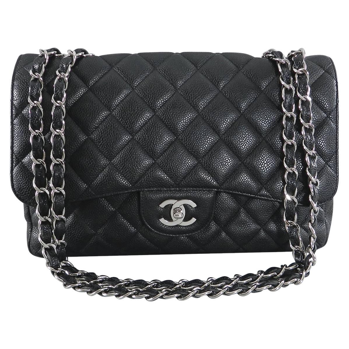 Chanel Caviar single flap Jumbo Classic Flap Bag with silver hardware 
