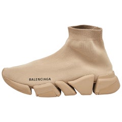 Balenciaga Beige Knit Fabric Speed Trainer Slip On Sneakers Size 39
