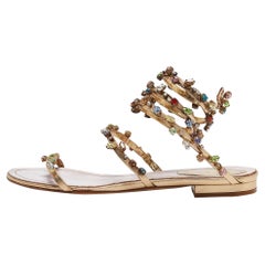 René Caovilla Gold Leather Crystal Embellished Ankle Strap Sandals Size 36