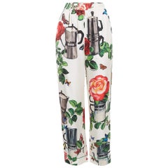 Dolce & Gabbana Pantalones de satén de seda estampado blanco S