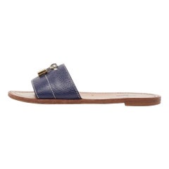 Louis Vuitton Navy Blue Leather Lock It Flat Sandals Size 36