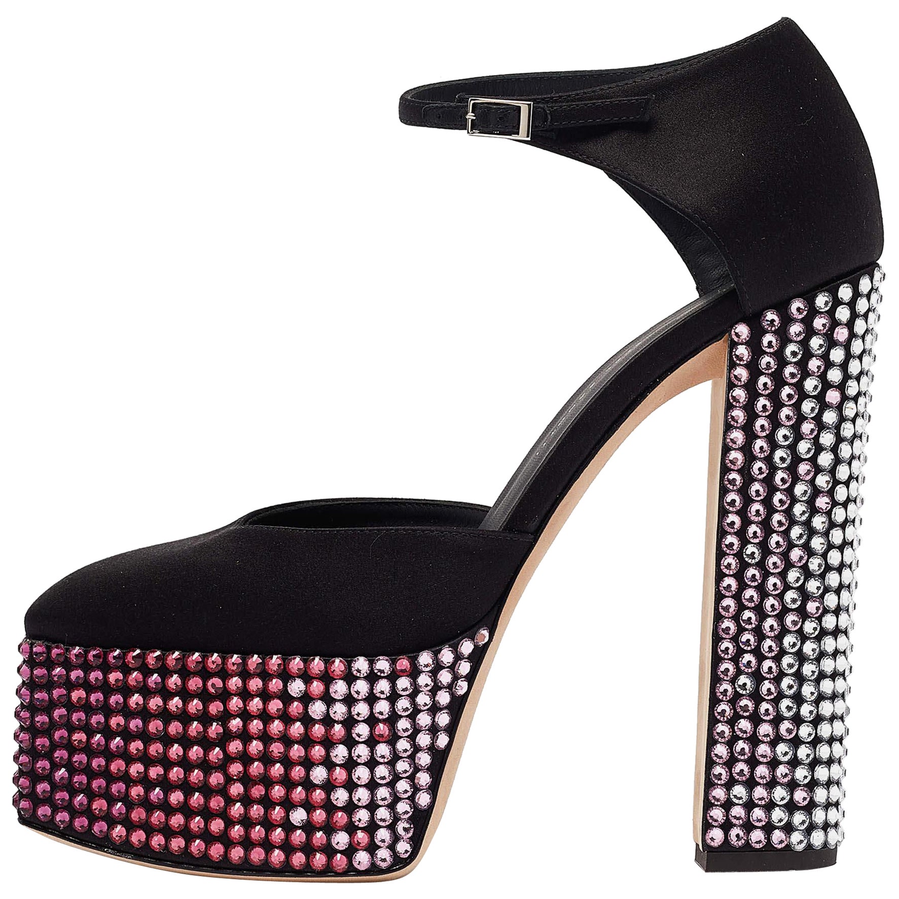 Giuseppe Zanotti Noir Satin Crystal Embellished Ankle Strap Sandals 39