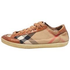 Burberry, scarpe da ginnastica basse in tela e pelle marrone/beige taglia 37