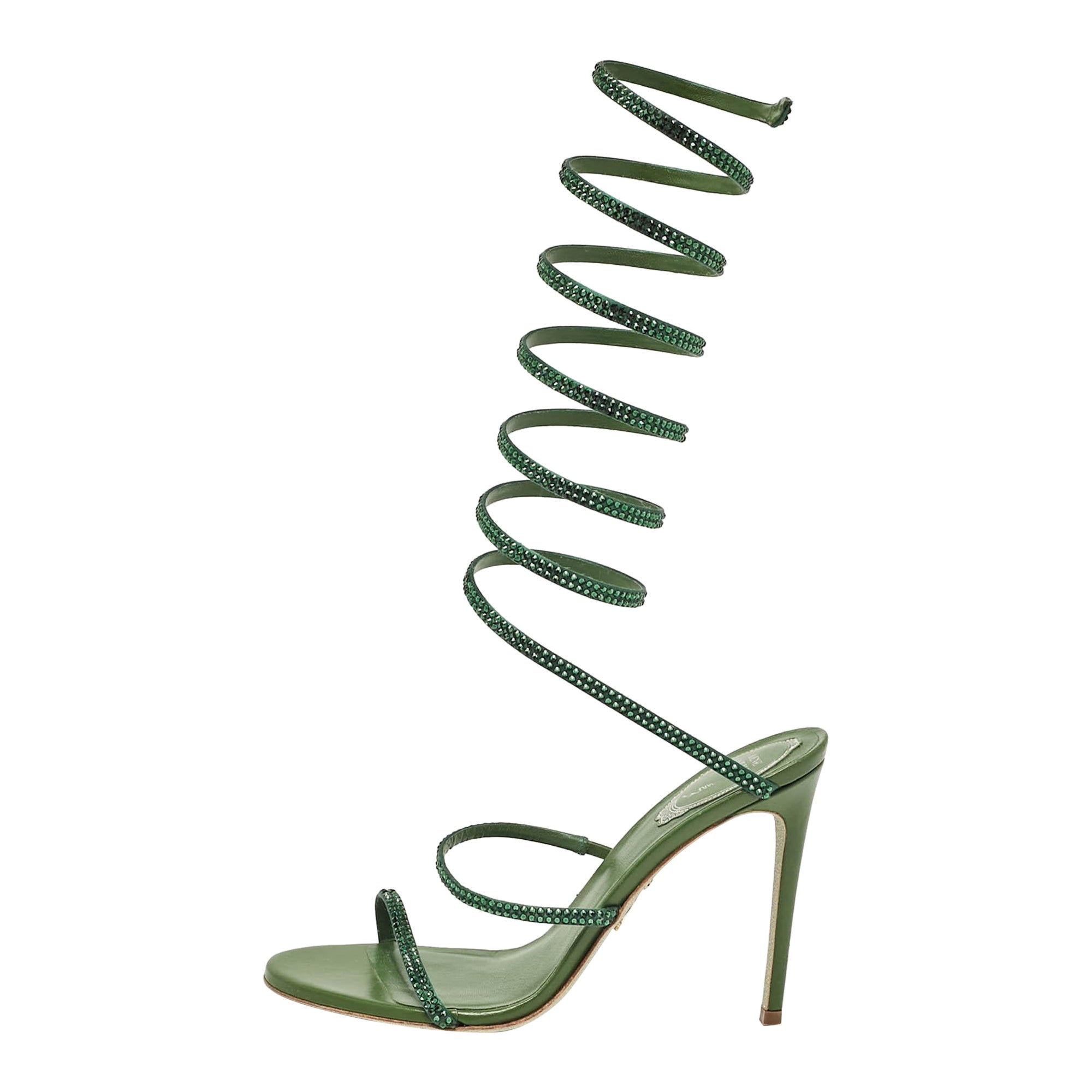 René Caovilla Sandalias con tira al tobillo Cleo de piel verde y cristal talla 39