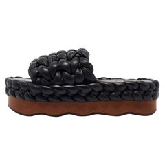 Chloe Black Leather Wavy Braided Flat Slides Size 38