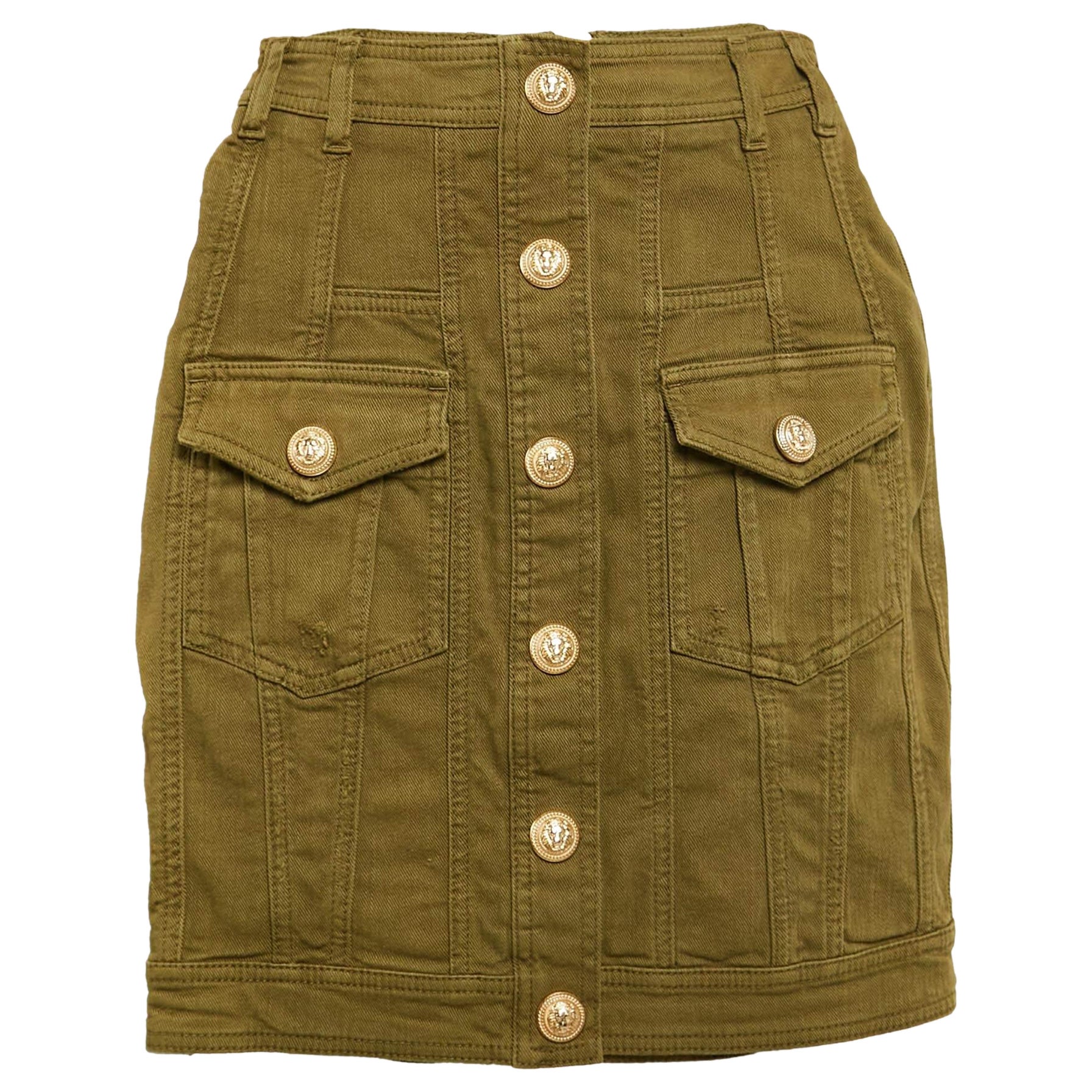 Mini-jupe Balmain vert olive avec accents de jean vieilli S