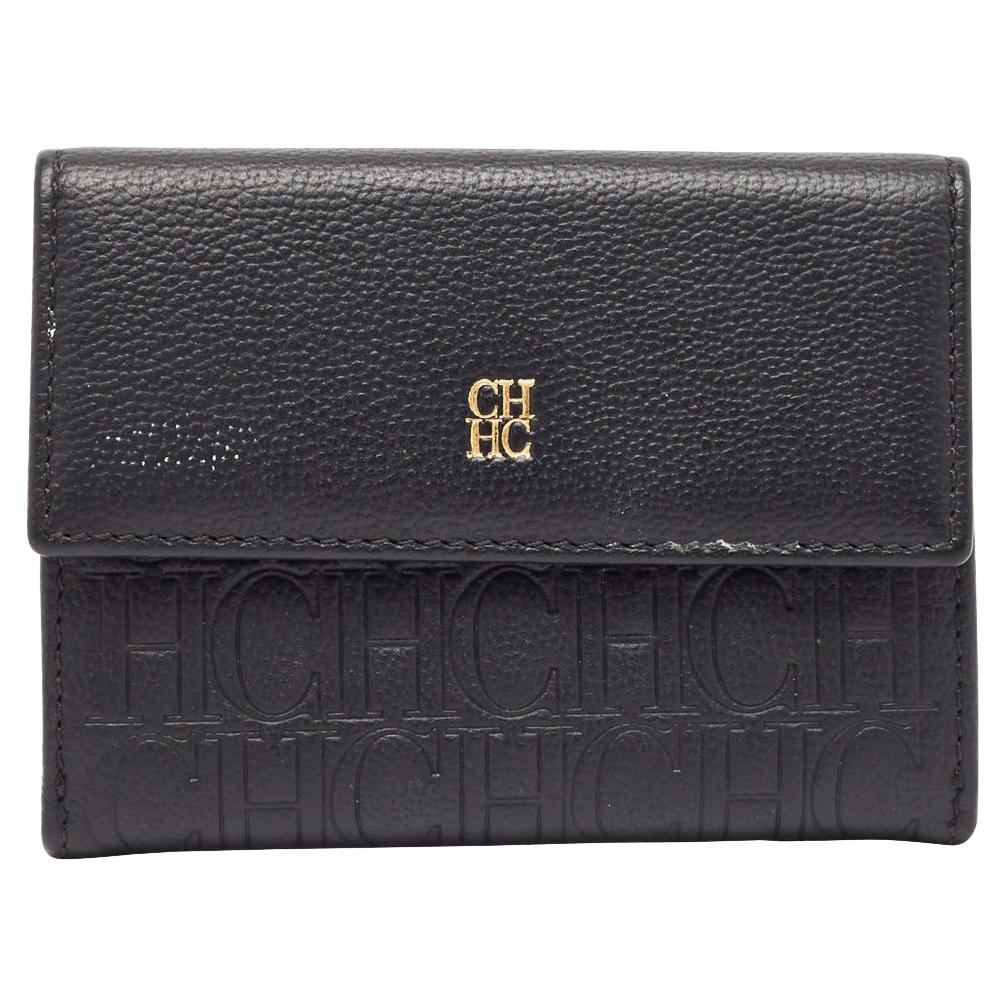 CH Carolina Herrera Black Monogram Leather Compact Wallet