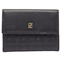 CH Carolina Herrera Schwarzes kompaktes Portemonnaie aus Leder mit Monogramm