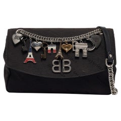 Balenciaga Black Diagonal Logo Fabric and Leather BB Charm Shoulder Bag