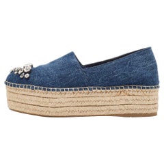 Miu Miu Blue Denim Crystal Embellished Platform Espadrille Flats Size 39.5