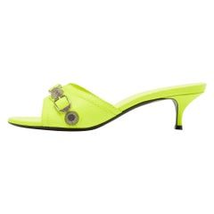 Balenciaga Neon Yellow Leather Le Cagole Studded Slide Sandals Size 37