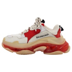 Balenciaga White/Red Leather and Mesh Triple S Clear Sole Sneakers Size 36
