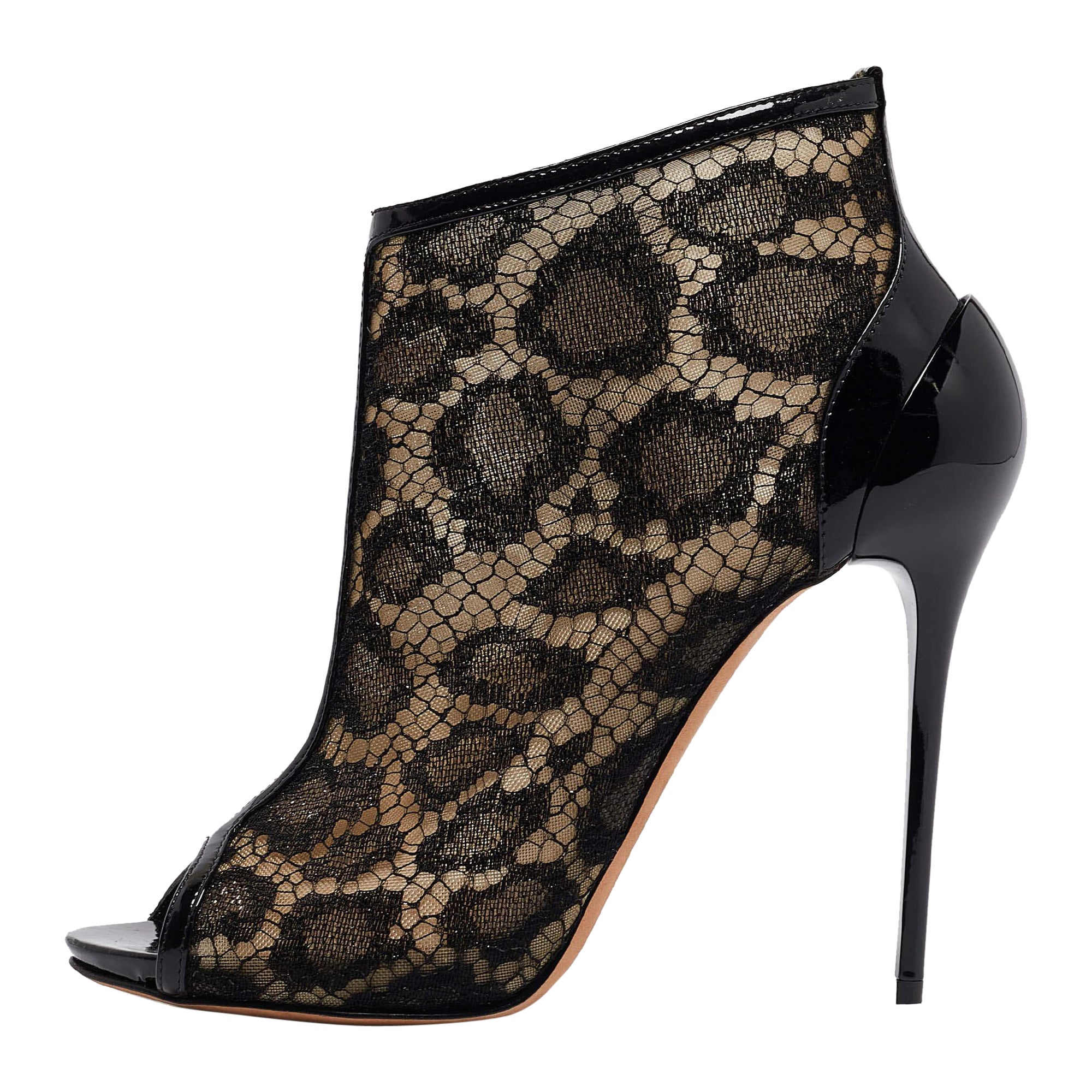 Alexander McQueen Black Mesh and Patent Leather Peep Toe Ankle Booties Size 38