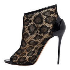 Alexander McQueen Black Mesh and Patent Leather Peep Toe Ankle Booties Size 38