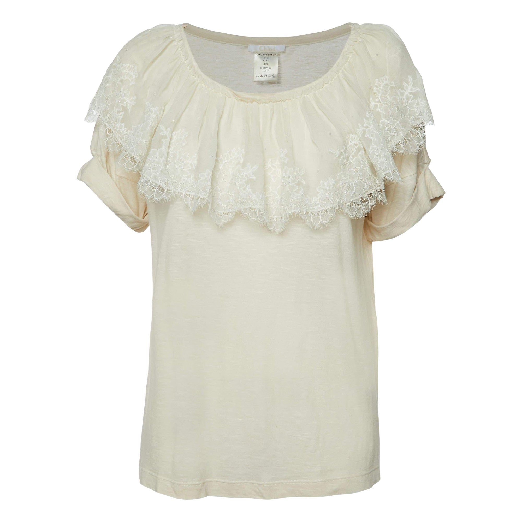 Chloe - Top in maglia crema ecru con bordi in pizzo XS