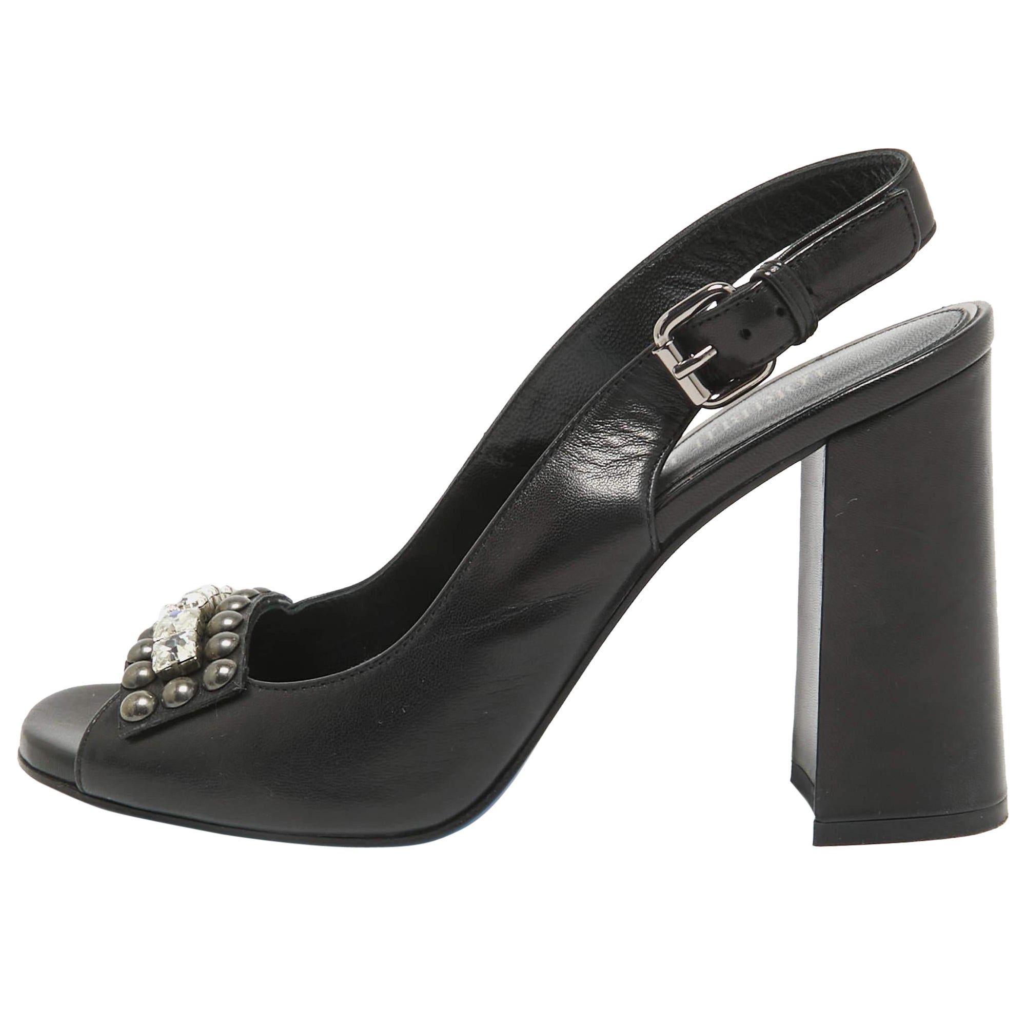 Loriblu Black Leather Crystal Embellished Peep Toe Slingback Pumps Size 40