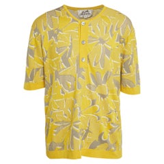 Hermes Yellow Puzzle Floral Knit Henley Collar T-Shirt XL