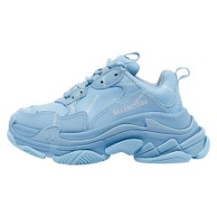 Balenciaga Blue Faux Leather Allover Logo Triple S Sneakers Size 36