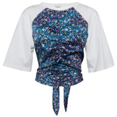 Sandro White/Blue Floral Print Cotton Knit and Crepe Ruched Top S