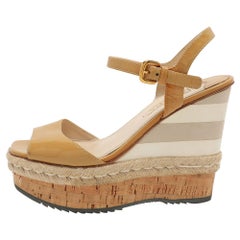 Prada Beige Patent Leather Wedge Espadrille Sandals Size 39.5