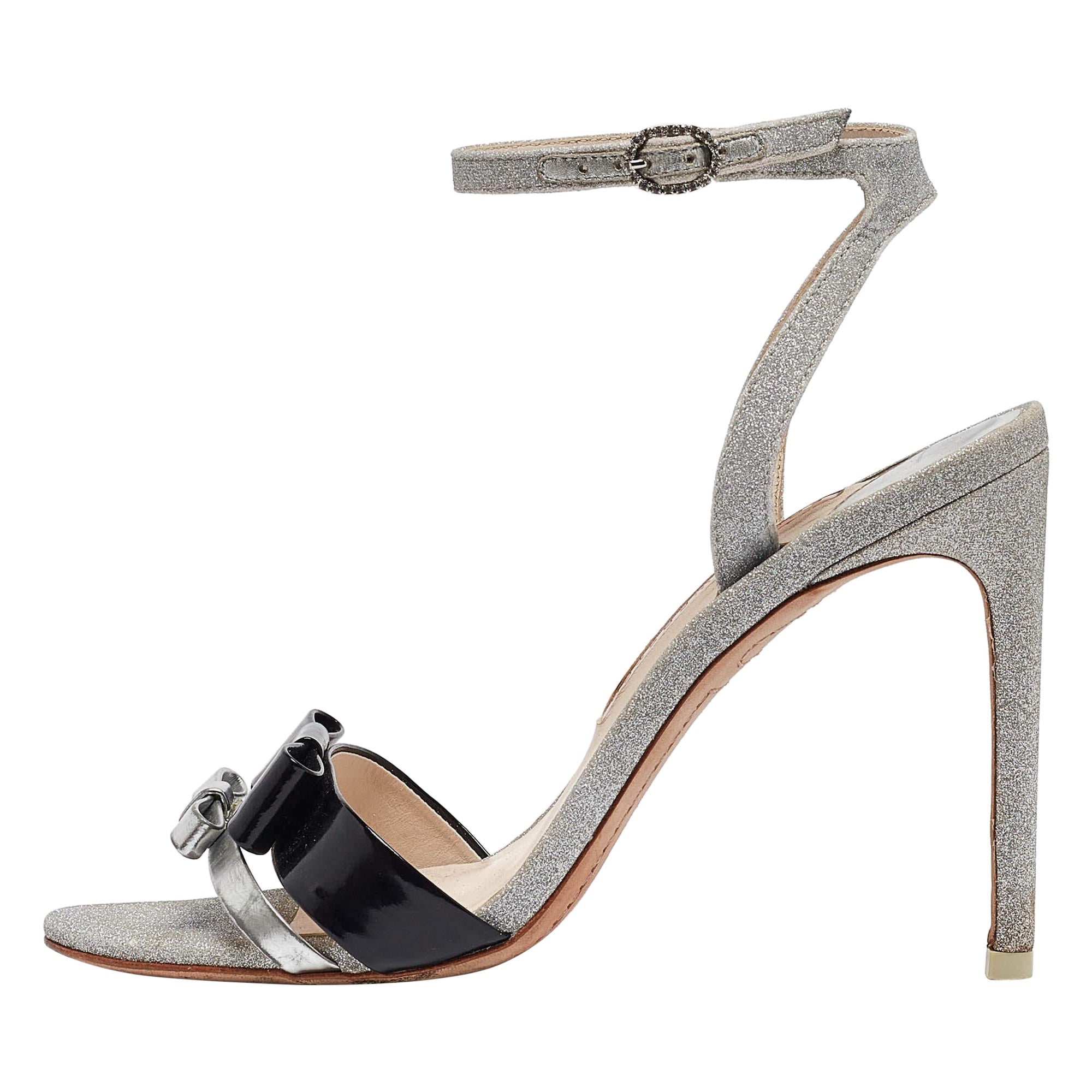Sophia Webster Metallic/Black Glitter and Leather Ankle Strap Sandals Size 37.5
