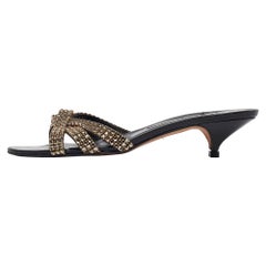 Gina Black/Gold Leather Crystal Embellished Slide Sandals Size 39.5