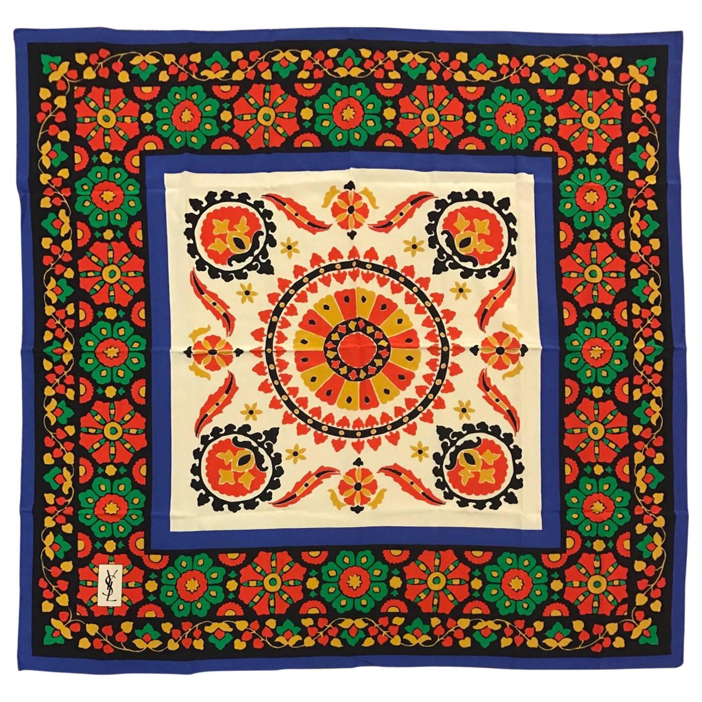 Yves Saint Laurent Vintage Silk Scarf Multicolor Bohemian Floral Print