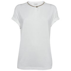 Brunello Cucinelli White Monili Neck Detail Cotton Roll-Up Sleeve T-Shirt M. M. T. I.