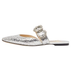 Jimmy Choo Silver Glitter Crystal Embellished Flat Mules Size 40