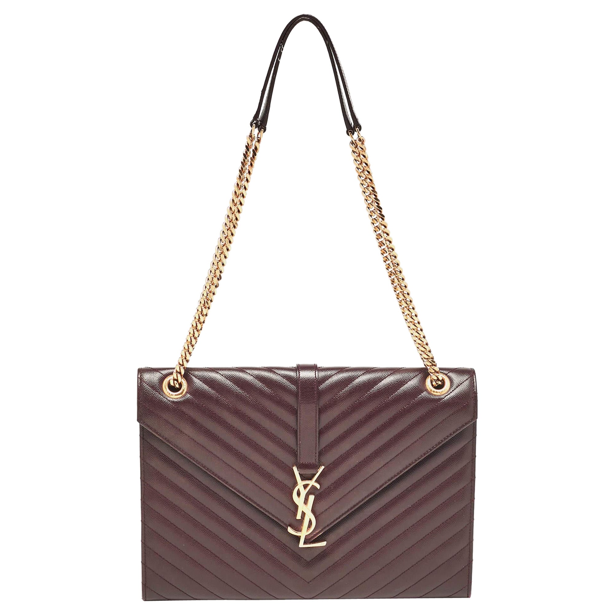 Saint Laurent Burgundy Chevron Leather Large Monogram Envelope Shoulder Bag For Sale