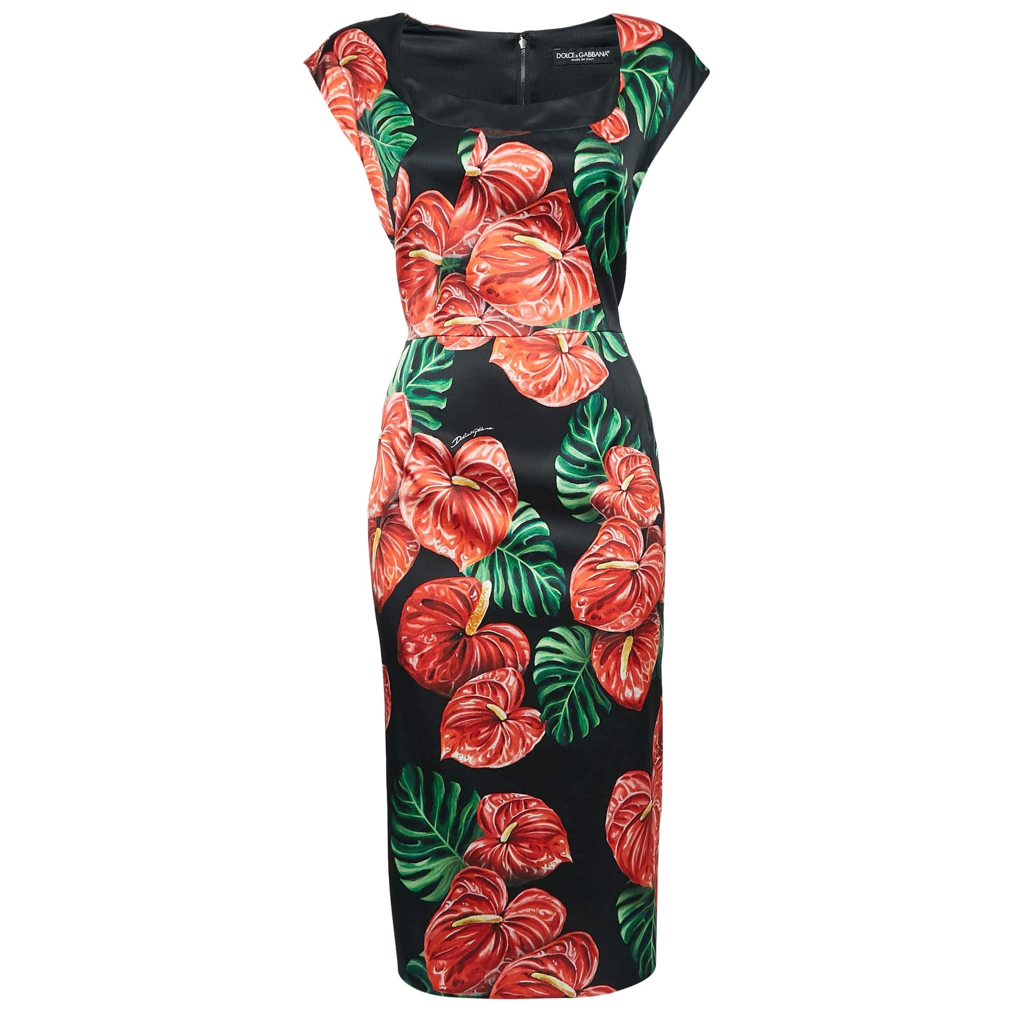 Dolce & Gabbana Black Anthurium Print Satin Silk Midi Dress XL For Sale