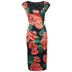 Dolce & Gabbana Black Anthurium Print Satin Silk Midi Dress XL