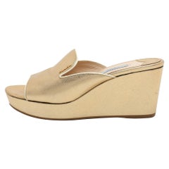 Prada Gold Saffiano Leather Platform Slide Sandals Size 38.5