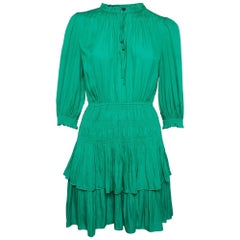 Maje Green Crepe Elasticized and Ruffle Detail Mini Dress M