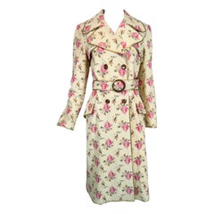 Gucci 2017 Soft Pale Beige Leather Belted Coat Printed Allover with Pink Roses