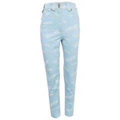 Versace Light Blue Logo All Over Print Denim Skinny Jeans S Waist 27"