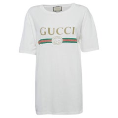 Gucci White Floral Embroidery Cotton Distressed Neck T-Shirt XL