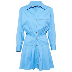 Maje Blue Cotton Button Front Pleated Mini Dress XS